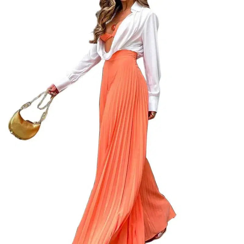 Cheky - Spring Autumn Women's Clothing Solid Color Fashion Elegant Pleated High Waist Long Wide-Leg Pants Temperament And Fashion