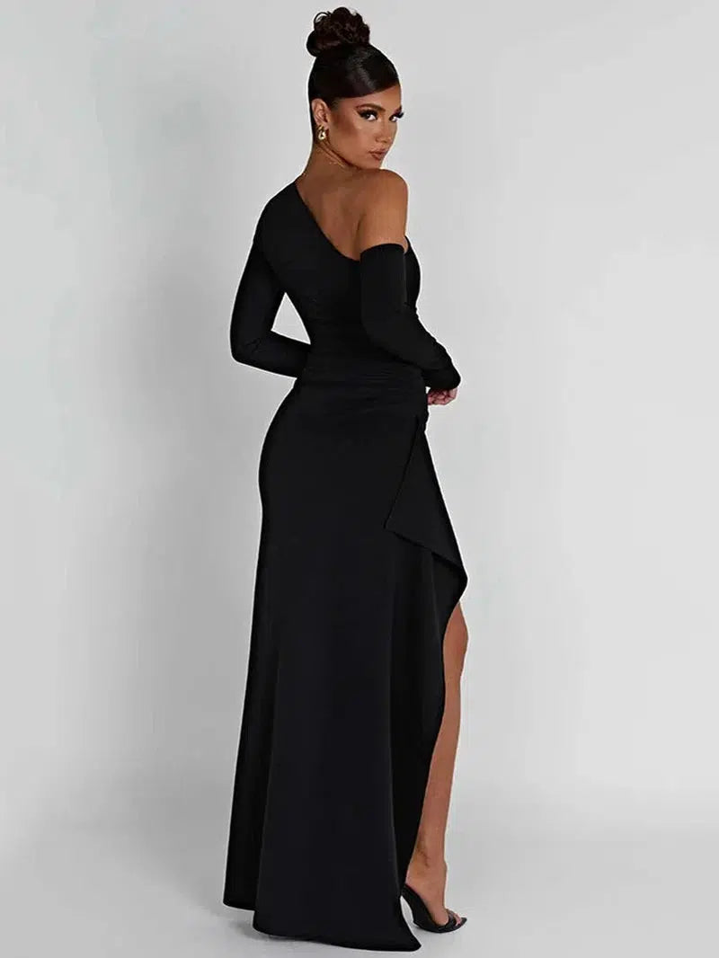 Cheky - Mozision Oblique Shoulder Thigh High Split Maxi Dress Women Long Sleeve Backless Bodycon Sexy Club Party Long Dress Vestidos