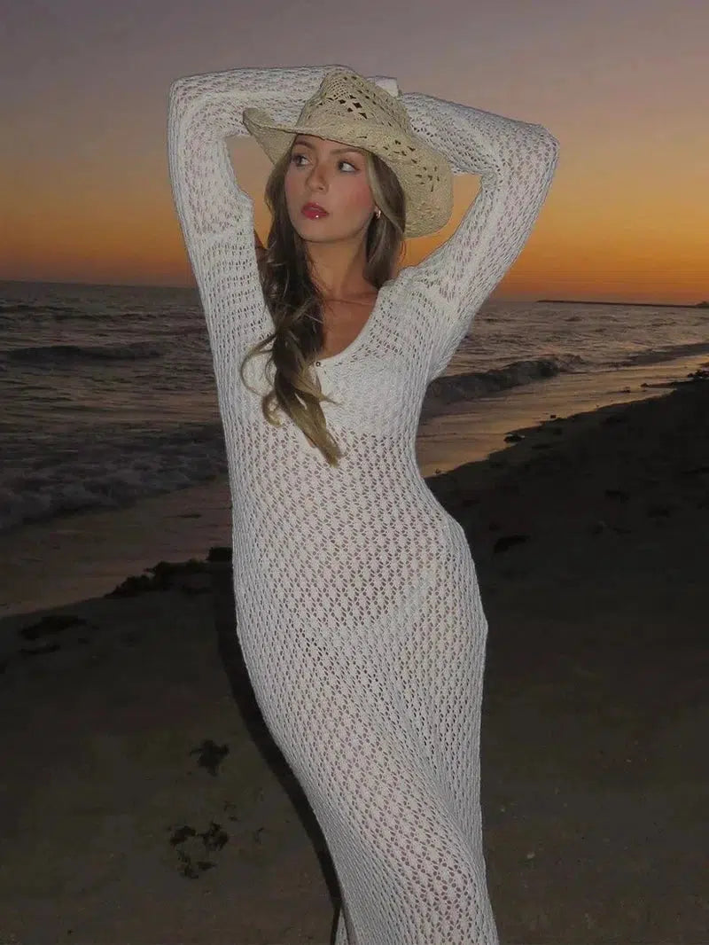 Cheky - Sexy Women White Long Knit Sleeve Bikin Fashion Cover up Female See-Through Deep V-Neck Hollow-Out Beach Knitwear Backless Dress