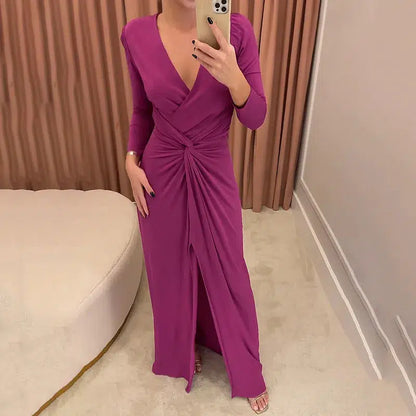 Cheky - LIYONG Women Maxi Dress Summer Fashion Solid V Neck Slit Long Sleeve Pleated Nipped Waist Slim Sexy Evening Party Long Dresses