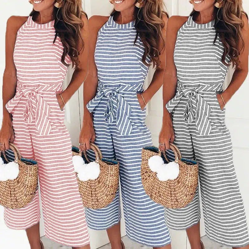 Cheky - Elegant Sexy Jumpsuits Women Sleeveless Striped Jumpsuit Trousers Wide Leg Pants Rompers Loose Style Belted Leotard Overalls