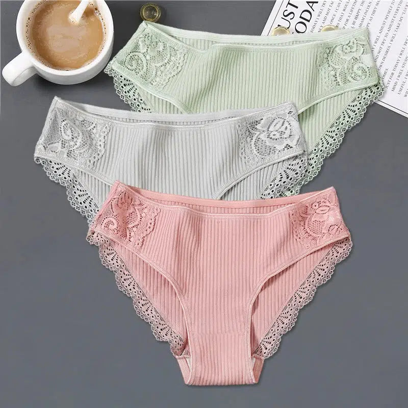 Cheky - FINETOO 3Pcs/set Women Cotton Panties M-2XL Low-Rise Underwear Trendy Patchwork Lace Briefs Female Soft Underpants Lingerie 2022