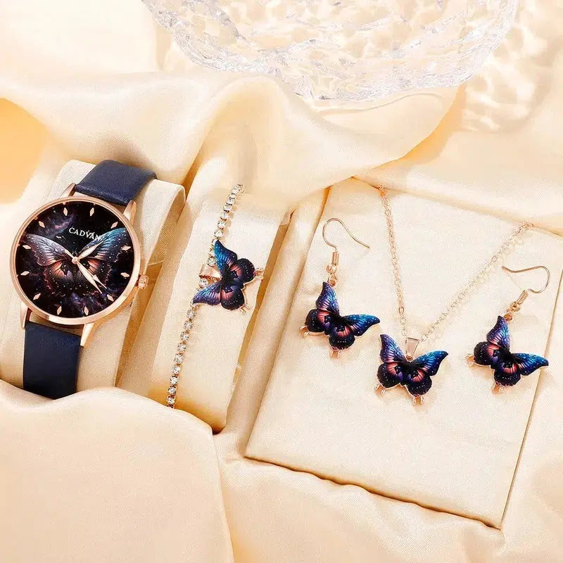 Cheky - 5PCS Set Women Fashion Butterfly Quartz Watch Brand Design Female Clock Leather Band Ladies Casual Wrist Watch Reloj Mujer