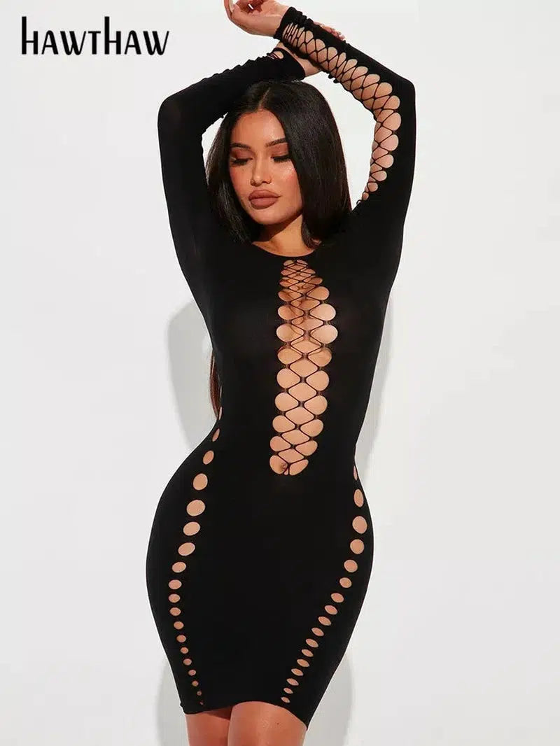 Cheky - Hawthaw Women Sexy Long Sleeve Club Bodycon Hollow Out Black Short Mini Dress Fall Clothing Wholesale Items For Business