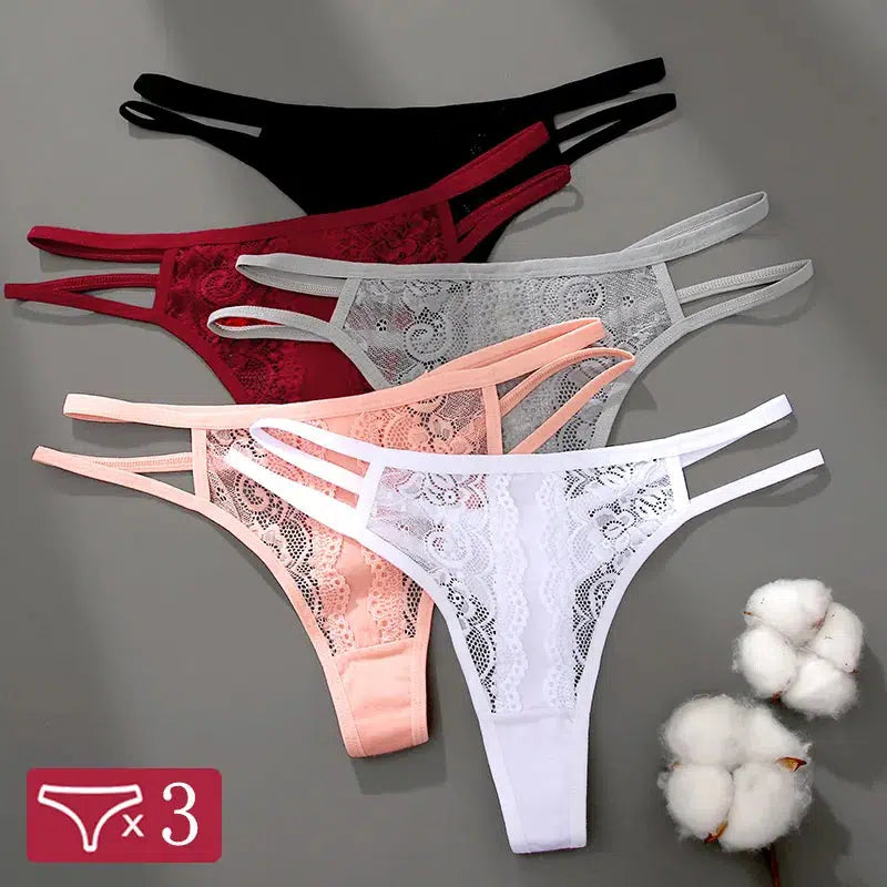 Cheky - 3Pcs/Set Sexy Lace Hollow Out Thongs Women Panties Low Waist Transparent G-String Underwear Female Breathable Intimates Lingerie