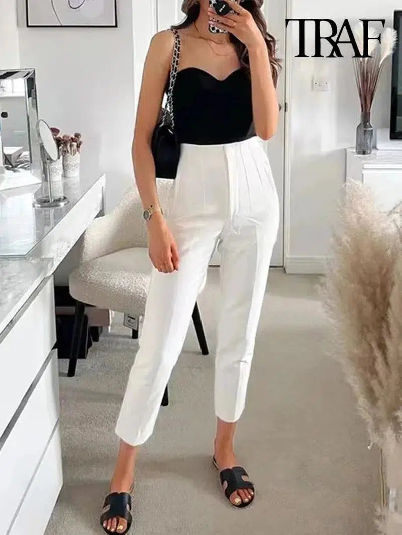 Cheky - TRAF Women Fashion With Pockets Casual Basic Solid Pants Vintage High Waist Zipper Fly Female Ankle Trousers Pantalones Mujer