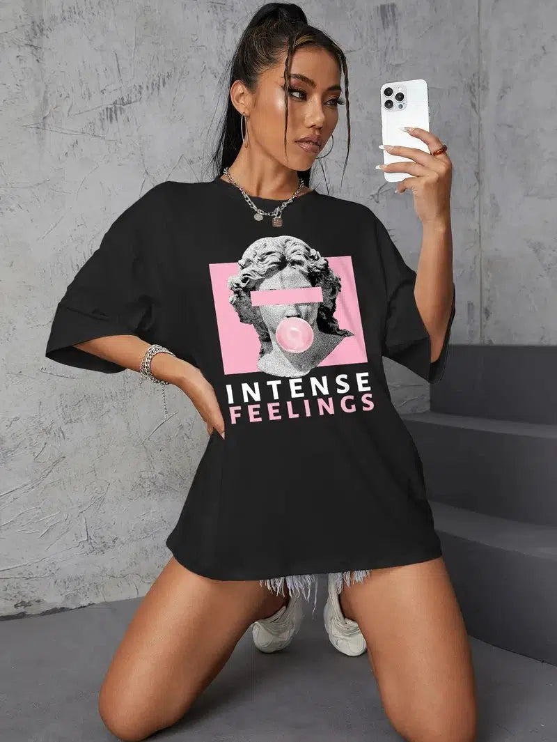 Cheky - INTENSE FEELINGS Street Hip Hop Female T-Shirts Loose Oversize Short Sleeve Soft Cotton Soft Tops Summer Breathable Tee Clothing