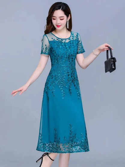 Cheky - Blue Casual Chiffon Mesh Korean Long Dress Summer Women New Tunics Midi Fashion Elegant Prom Evening Dresses Short Sleeve