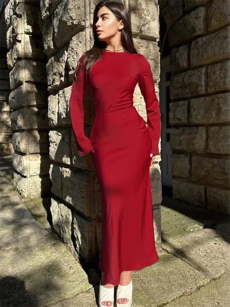 Cheky - Satin Slim Maxi Dress - Elegant Long Sleeve Autumn Wear