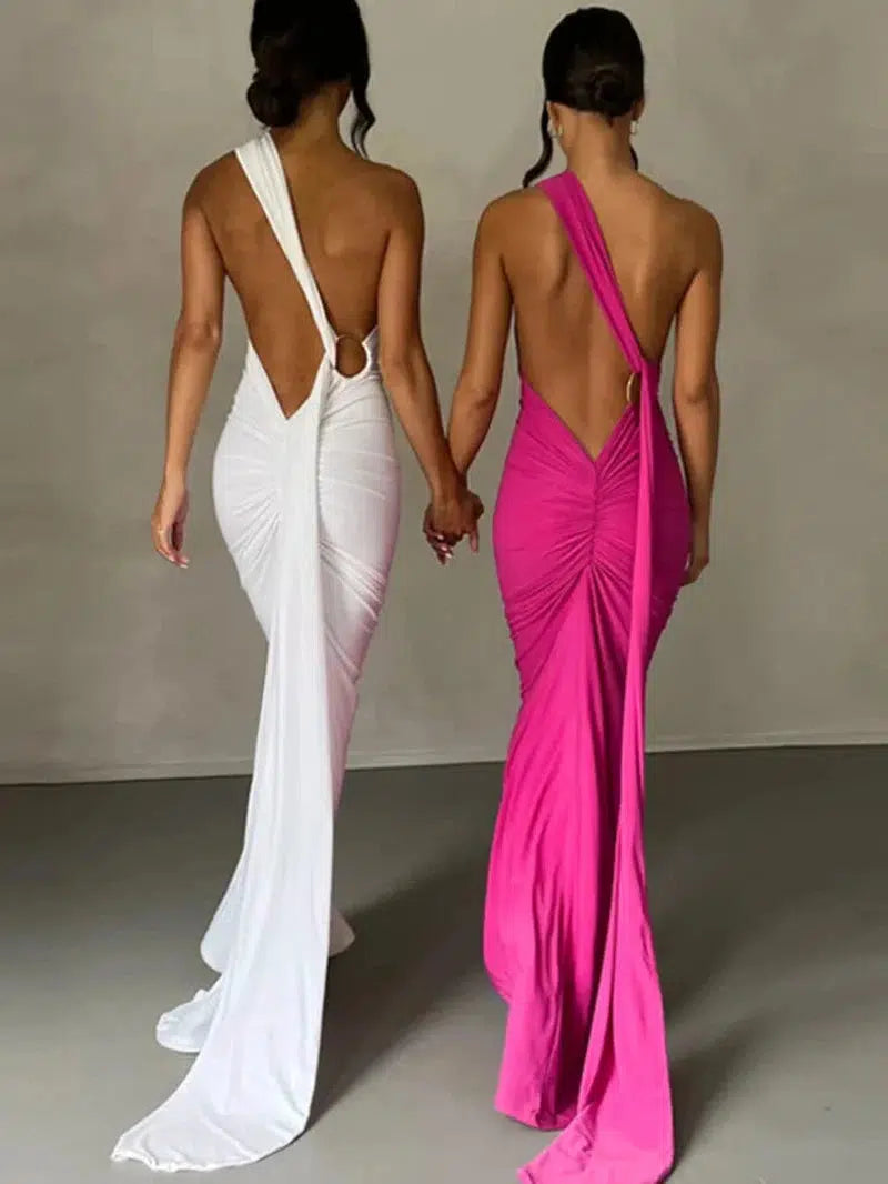 Cheky - Mozision Oblique Shoulder Backless Maxi Dress For Women Gown Summer Back Strap Sleeveless Ruched Party Sexy Long Dress Vestidos