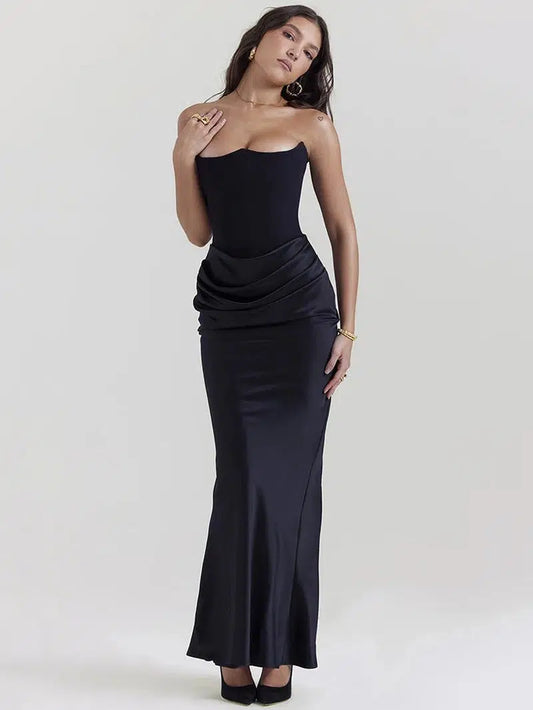 Cheky - Elegant Strapless Bodycon Maxi Dress - Sexy Black Off-Shoulder