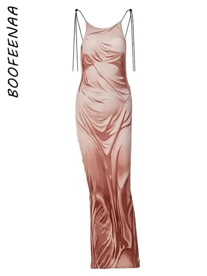 Cheky - BOOFEENAA 3d Print Lace Up Backless Maxi Dresses for Women Sexy Nightclub Outfits Y2k Aesthetic Bodycon Wet Dress C15-CZ27