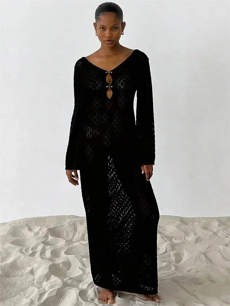 Cheky - Tossy White Knit Fashion Cover up Maxi Dress Female See-Through V-Neck Hollow Out Beach Holiday Dress Knitwear Backless Dress