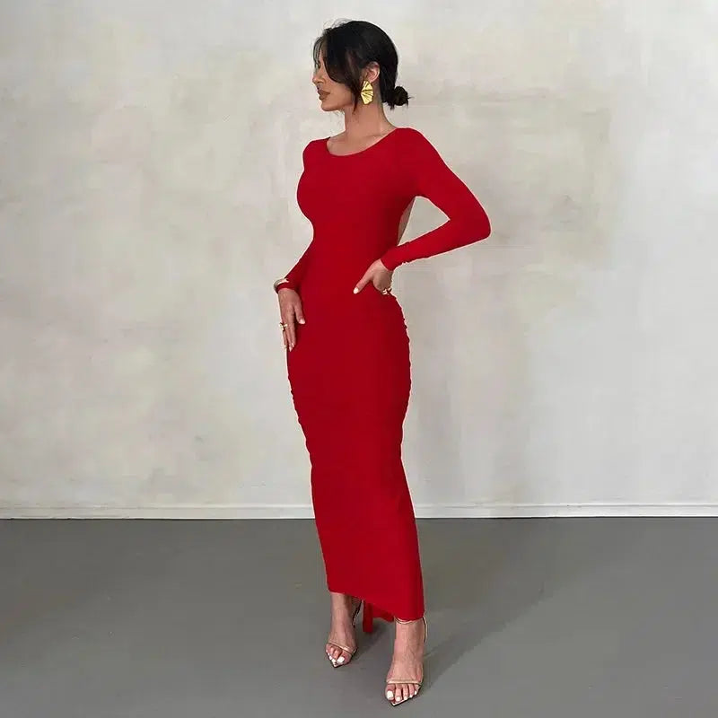 Cheky - Backless Maxi Dress Elegant Red Long Sleeve Sexy Ruched Bodyocn Evening Party Dress for Women Spring Slim Christmas Outfits