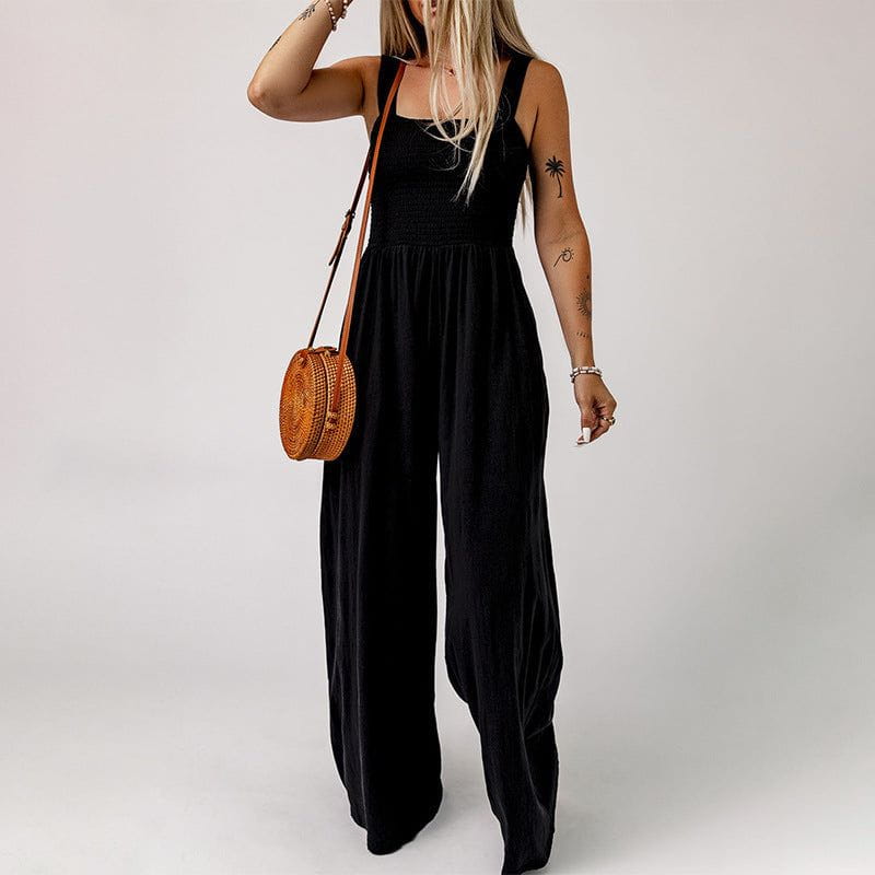 Cheky - Summer Square Neck High Waist Jumpsuit Women's Backless Pleated Design Wide Leg Trousers Clothing