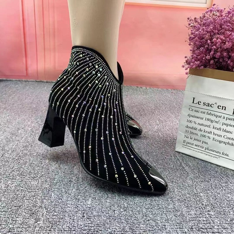 Cheky - New Pointed Toe Anti-collision High Heel Starry Rhinestone Booties Women