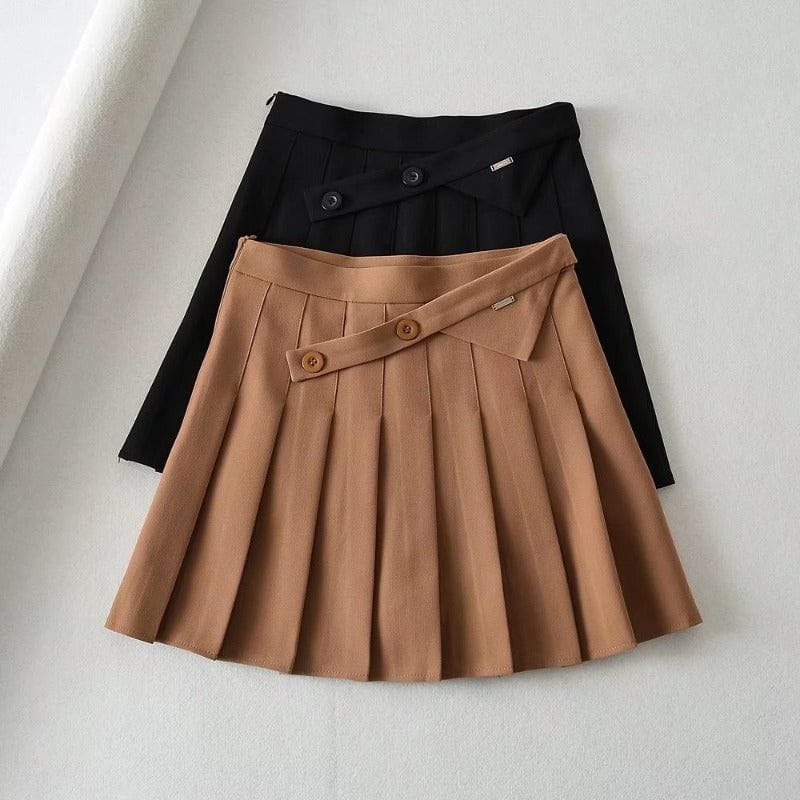 Cheky - New Summer Oblique Button High Waist Pleated Skirt