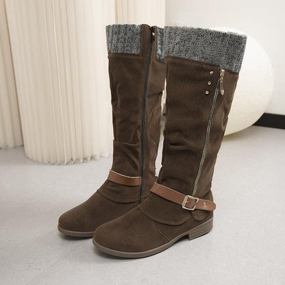 Cheky - Plus Size Long Tube Women's Boots Chunky Heel Side Zip Wool Stitching