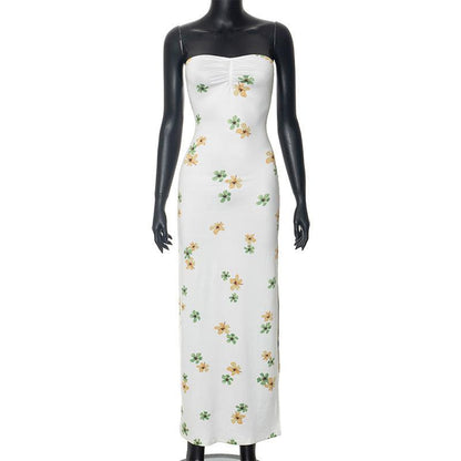 Cheky - Fold Floral Dress High Waist Long Skirt Printed Tube Top