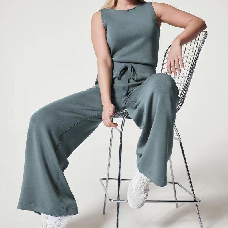 Cheky - Solid Color Jumpsuit Sleeveless Tops Tie Elastic Pants Romper