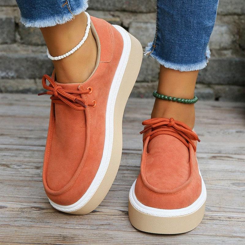 Cheky - New Thick Bottom Lace-up Flats Women Solid Color Casual Fashion Lightweight Walking Sports Shoes