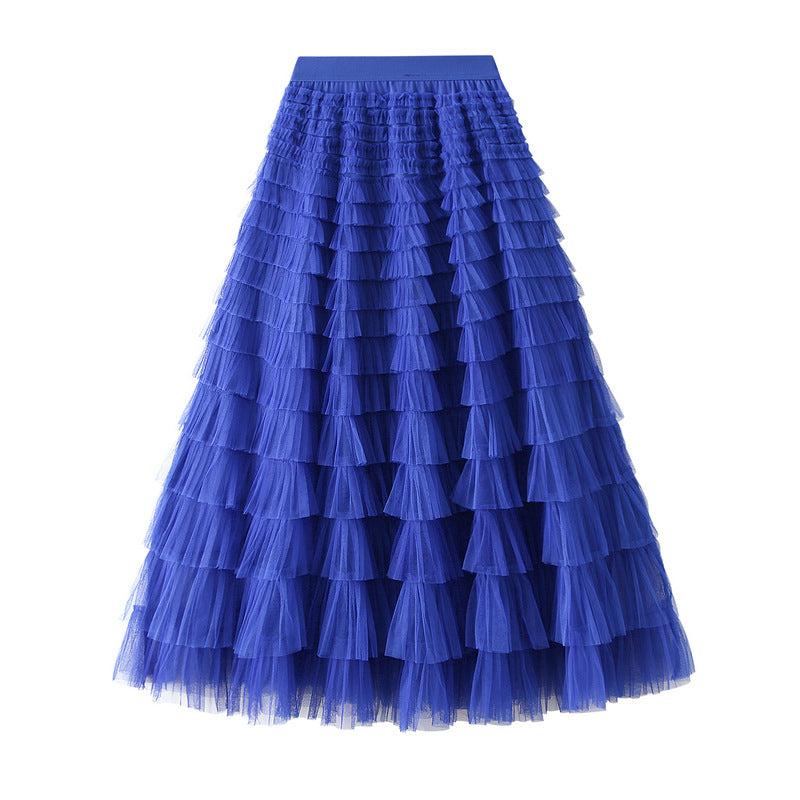 Cheky - A-Line Mesh Ruffle Skirt Women's Temperament Sweet Long Skirt Slim Cupcake Dress Womens Clothing