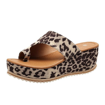 Cheky - Fashion Leopard Print Wedge Slippers For Women New Thick-sole High Heel Flip Flops Shoes Summer Outdoor Slippers