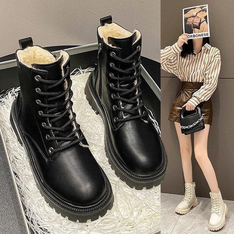 Cheky - Square Heel Round Head Solid Color British Style Retro Casual Platform Women's Boots