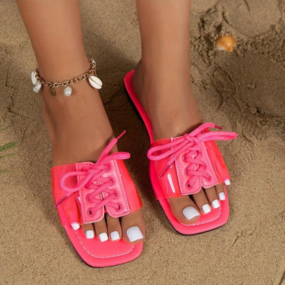 Cheky - Fashion Transparent Lace-up Sandals Summer Dopamine-style Square Toe Flat Slides Shoes Women Casual Vacation Beach Slippers