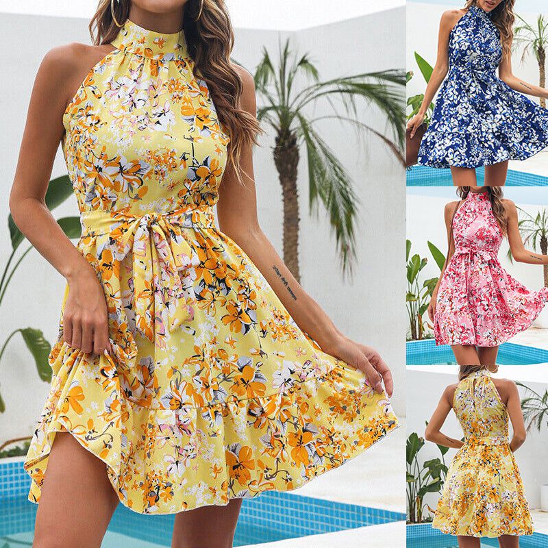 Cheky - New Flowers Print Halterneck Dress Summer Fashion Temperament Lace-up Ruffled Dresses For Women