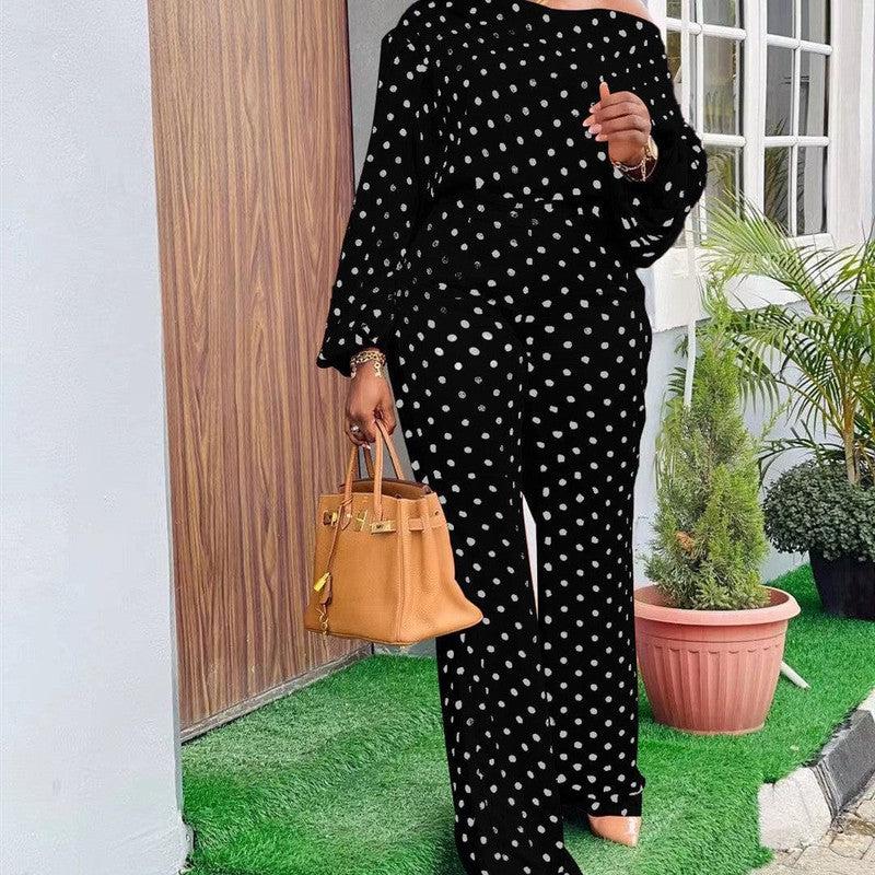 Cheky - Polka Dot Printed Long-sleeved Trousers Casual Fashion Loose Shoulder Suit