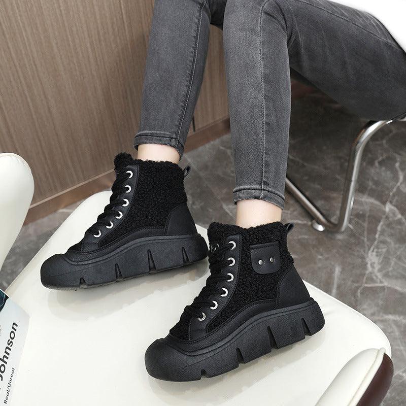 Cheky - Lace-up High-top Flat Shoes For Women Winter Warm Cashmere Snow Boots Fashion Street Campus Students Height Increasing Shoes