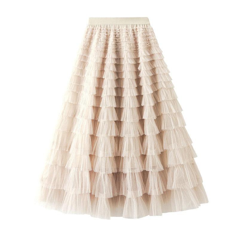 Cheky - A-Line Mesh Ruffle Skirt Women's Temperament Sweet Long Skirt Slim Cupcake Dress Womens Clothing