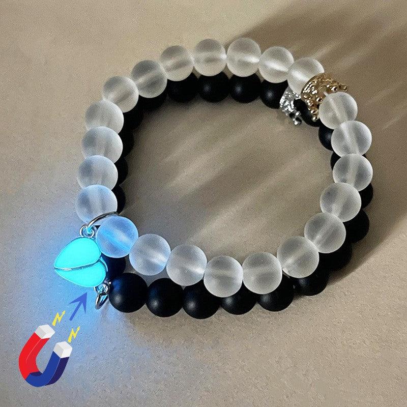 Cheky - Fashion Jewelry 2pcs Handmade Crown Beaded Charms Bracelet Luminou Heart Glow In The Dark Couple Bracelet For Lover Men Women Fluorescent Gift