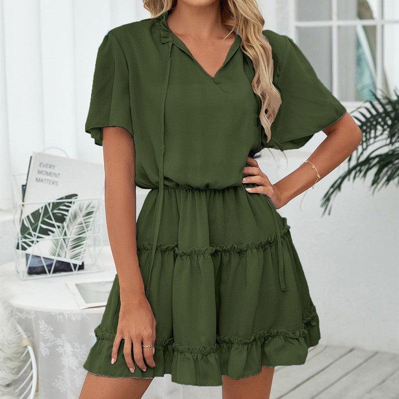 Cheky - Short Sleeve Dress Women's Ruffled V-neck