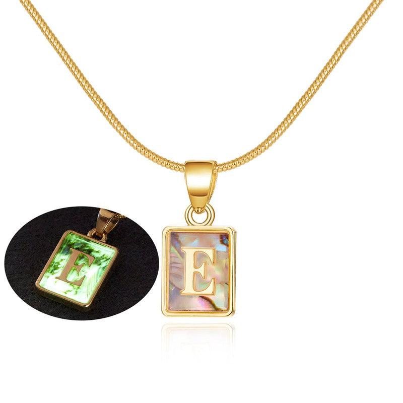 Cheky - 26 Letter Square Necklace Colorful Shell Luminous Pendant Chain Necklace For Women Temperament Ladies Jewelry