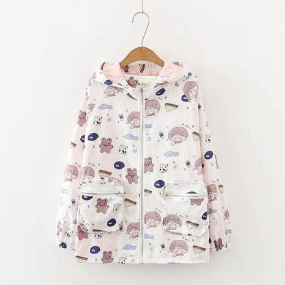 Cheky - Big Girl Cute Printed Trench Coat Loose Hooded Jacket