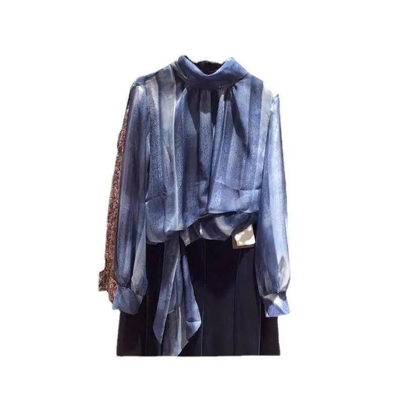 Cheky - Blue See-through Streamer Belt Loose Long-sleeved Shirt