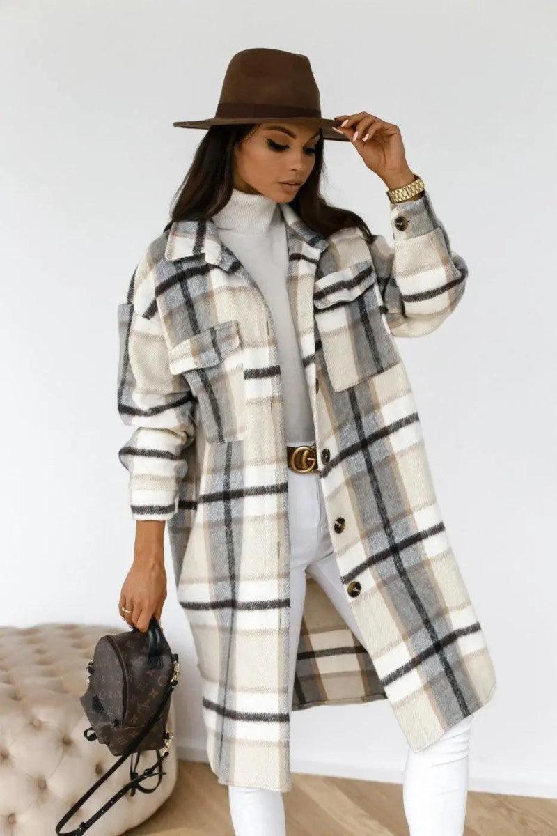 Cheky - Button lapel casual warm plaid long woolen coat