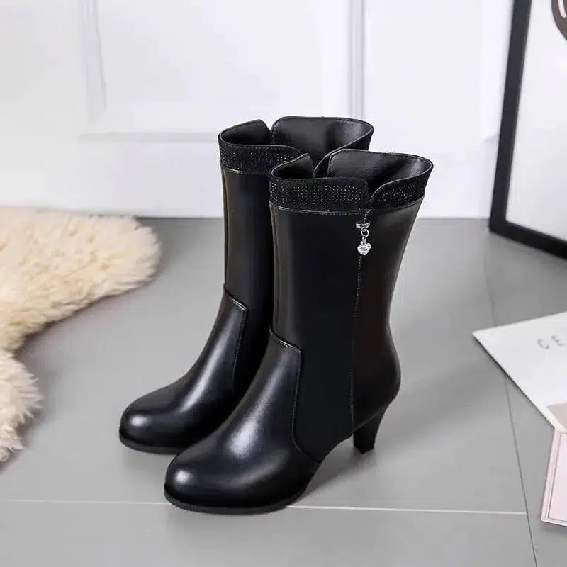 Cheky - Chic Heart Charm Zipper High Heel Boots - Versatile Winter Fashion