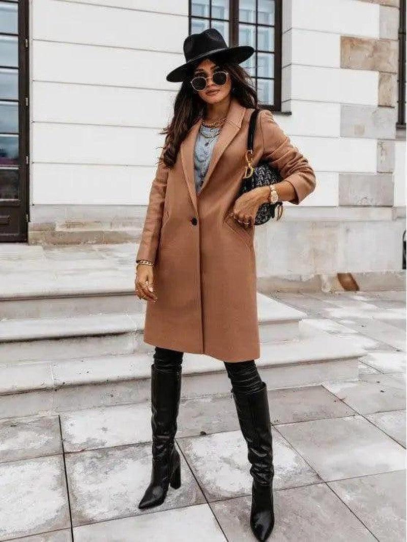 Cheky - Chic Lapel Mid-Length Button Wool Coat