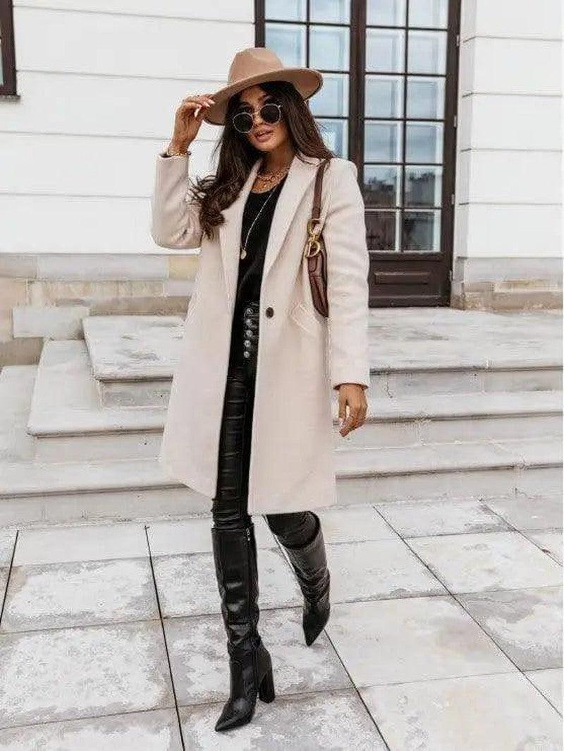 Cheky - Chic Lapel Mid-Length Button Wool Coat