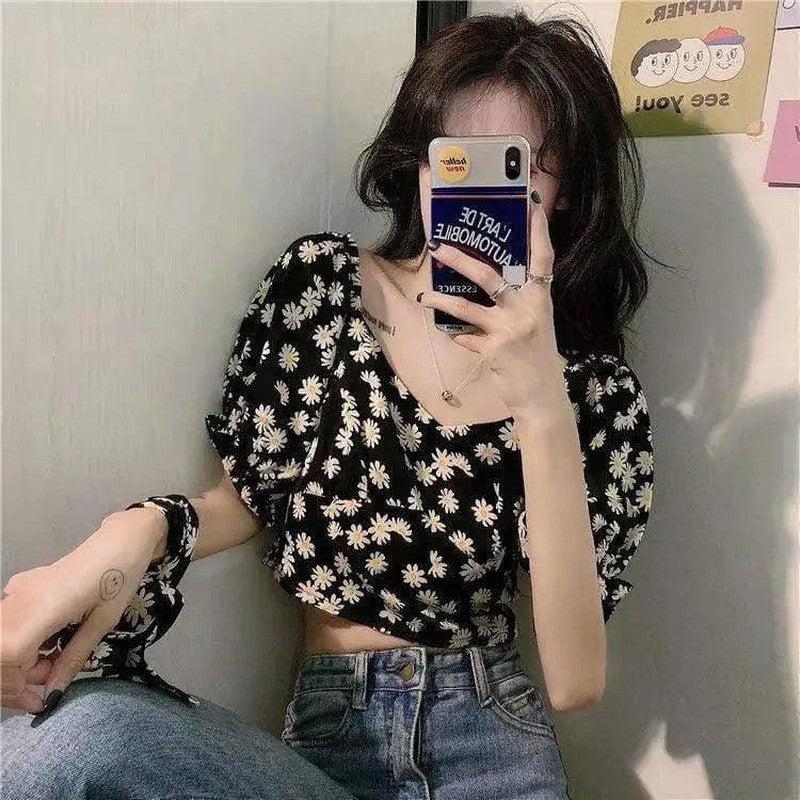 Cheky - Daisy Flower Bubble Sleeve Crop Top