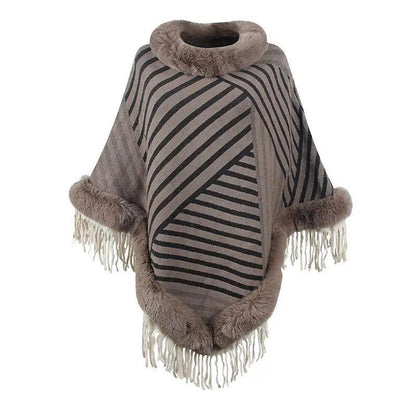 Cheky - Drizzling Fur Collar Pullover Tassel Knitted Cape For Women