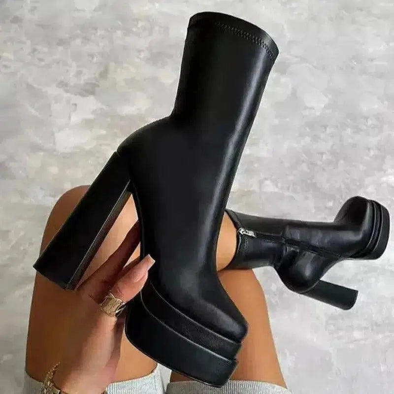 Cheky - Fashion Heeled Boots With Thick Platform Mid Calf Boots