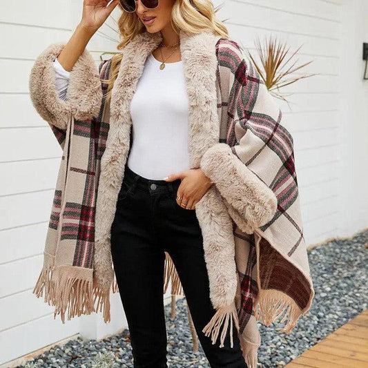 Cheky - Fringe Cardigan Plaid Shawl Sweater Women's Dress