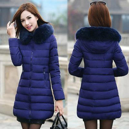 Cheky - Fur collar mid-length thick down cotton