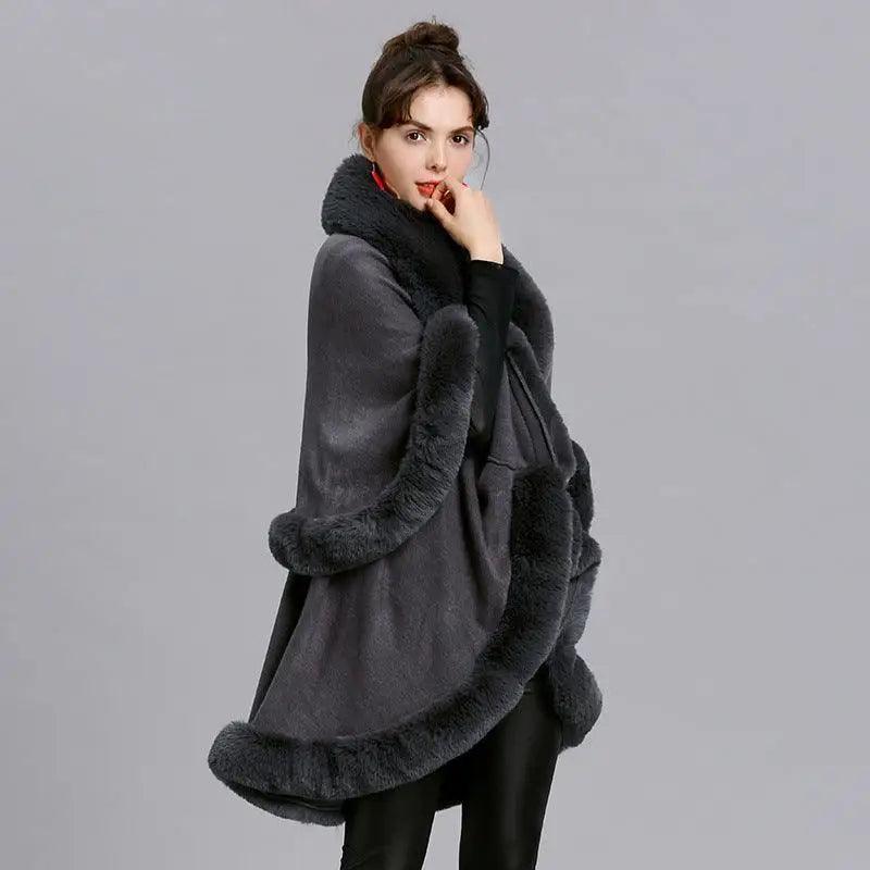 Cheky - Fur Shawl And Fur Collar Knitted Cardigan Shawl Cloak