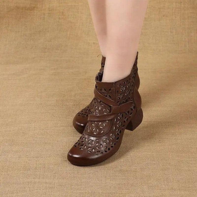 Cheky - Hollow Out Boots Women Retro Style Side Zip Mid Heels Shoes