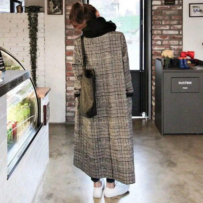 Cheky - Houndstooth Mid-length Woolen Coat Thick Wool Cloth Korean